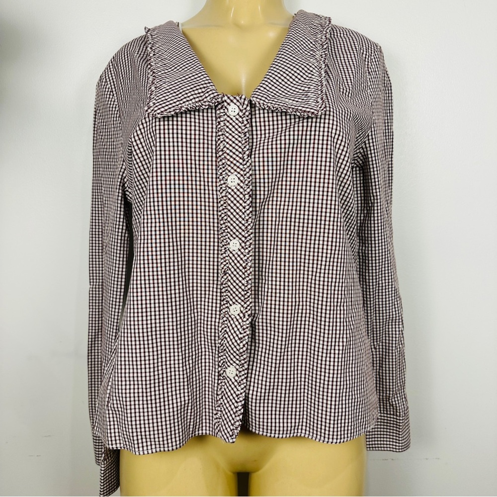 Zara Gingham Peter Pan Collar Shirt Sz M Brown White Top Blouse Cotton Long Slv